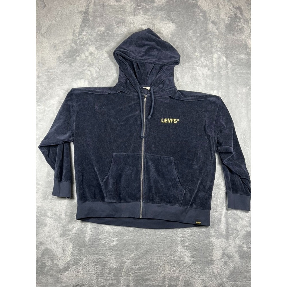 Levis Graphic Liam Hoodie Sweatshirt Womens XL Navy Blue Gold Jacket Velour